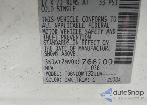 2019 Nissan Rogue Sv z USA, uszkodzony, nr VIN 5N1AT2MV0KC766109